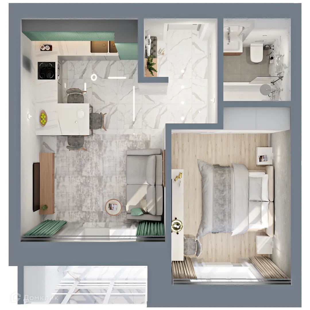 Планировка 1-комнатной квартиры 42.6 м² в ЖК "Ривьера life" (Ривьера Лайф), г. Альметьевск — фото 1