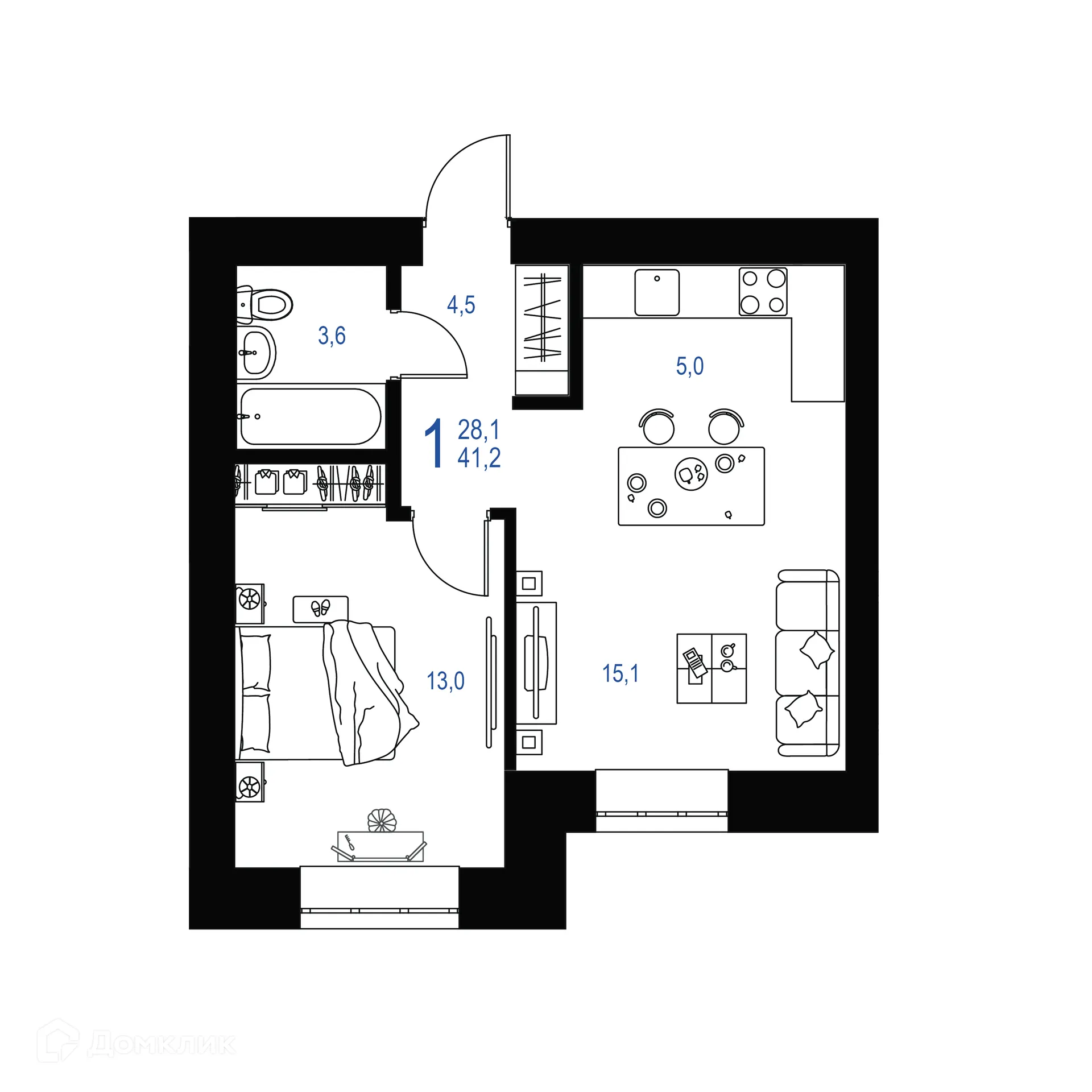 Планировка 1-комнатной квартиры 41.2 м² в ЖК "Ривьера life" (Ривьера Лайф), г. Альметьевск — фото 1