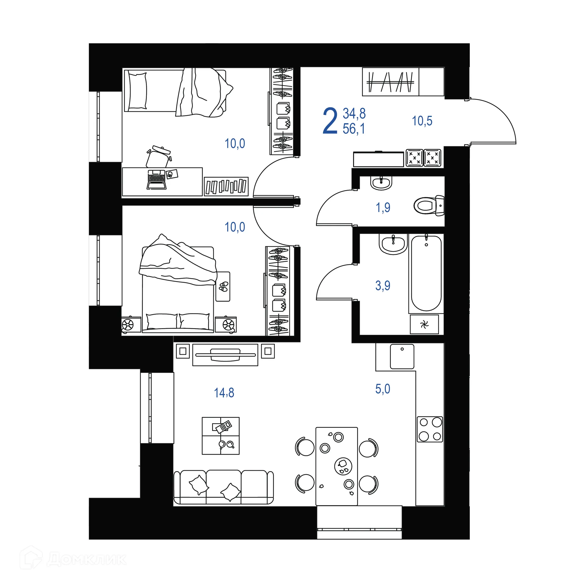 Планировка 2-комнатной квартиры 56.1 м² в ЖК "Ривьера life" (Ривьера Лайф), г. Альметьевск — фото 1