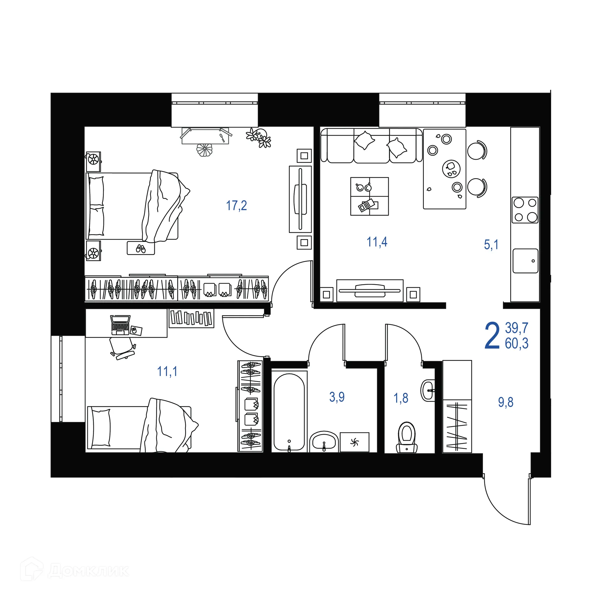 Планировка 2-комнатной квартиры 60.3 м² в ЖК "Ривьера life" (Ривьера Лайф), г. Альметьевск — фото 1