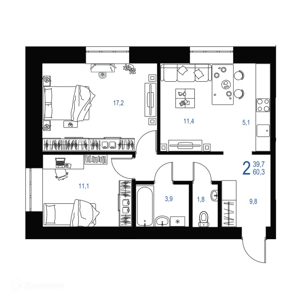Планировка 2 комн. в ЖК "Ривьера life" (Ривьера Лайф)