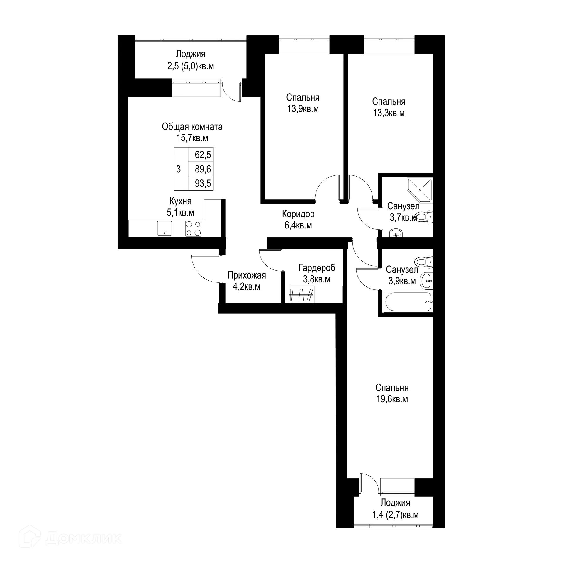 Планировка 3-комнатной квартиры 93.5 м² в ЖК "Ривьера life" (Ривьера Лайф), г. Альметьевск — фото 1