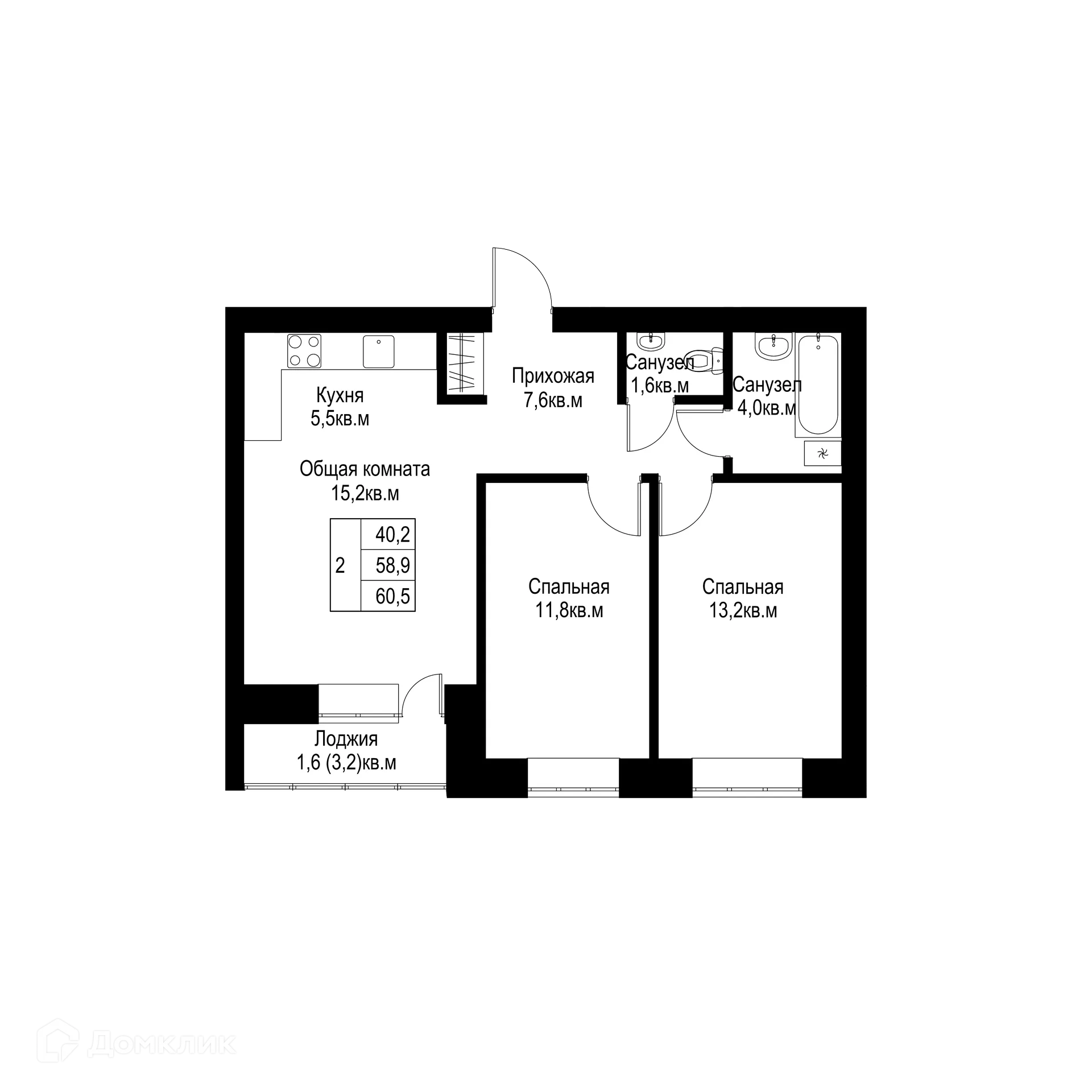 Планировка 2-комнатной квартиры 60.5 м² в ЖК "Ривьера life" (Ривьера Лайф), г. Альметьевск — фото 1