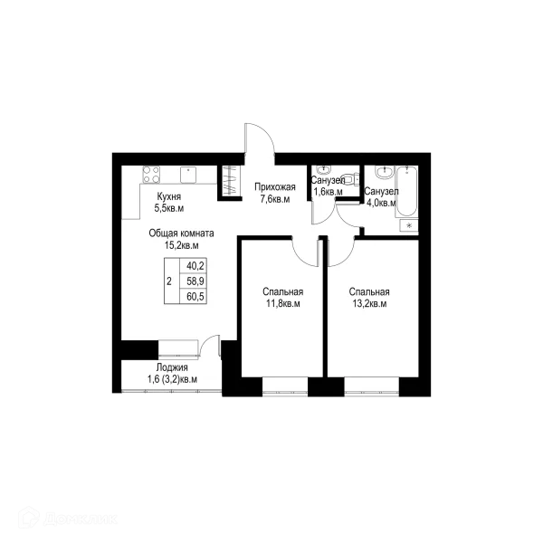 Планировка 2 комн. в ЖК "Ривьера life" (Ривьера Лайф)