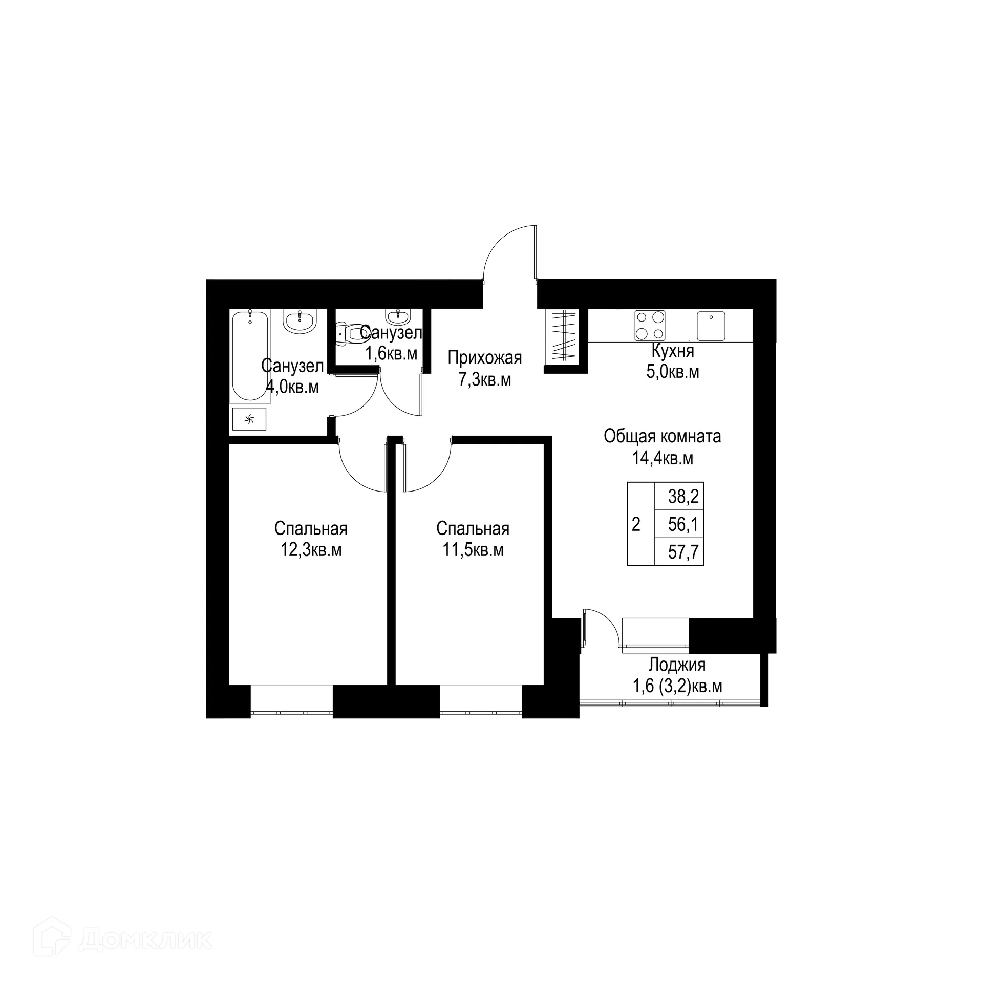 Планировка 2-комнатной квартиры 57.7 м² в ЖК "Ривьера life" (Ривьера Лайф), г. Альметьевск — фото 1