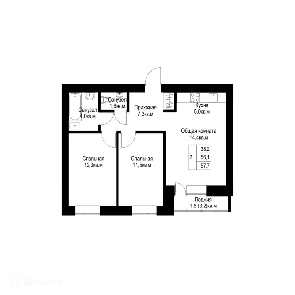 Планировка 2 комн. в ЖК "Ривьера life" (Ривьера Лайф)