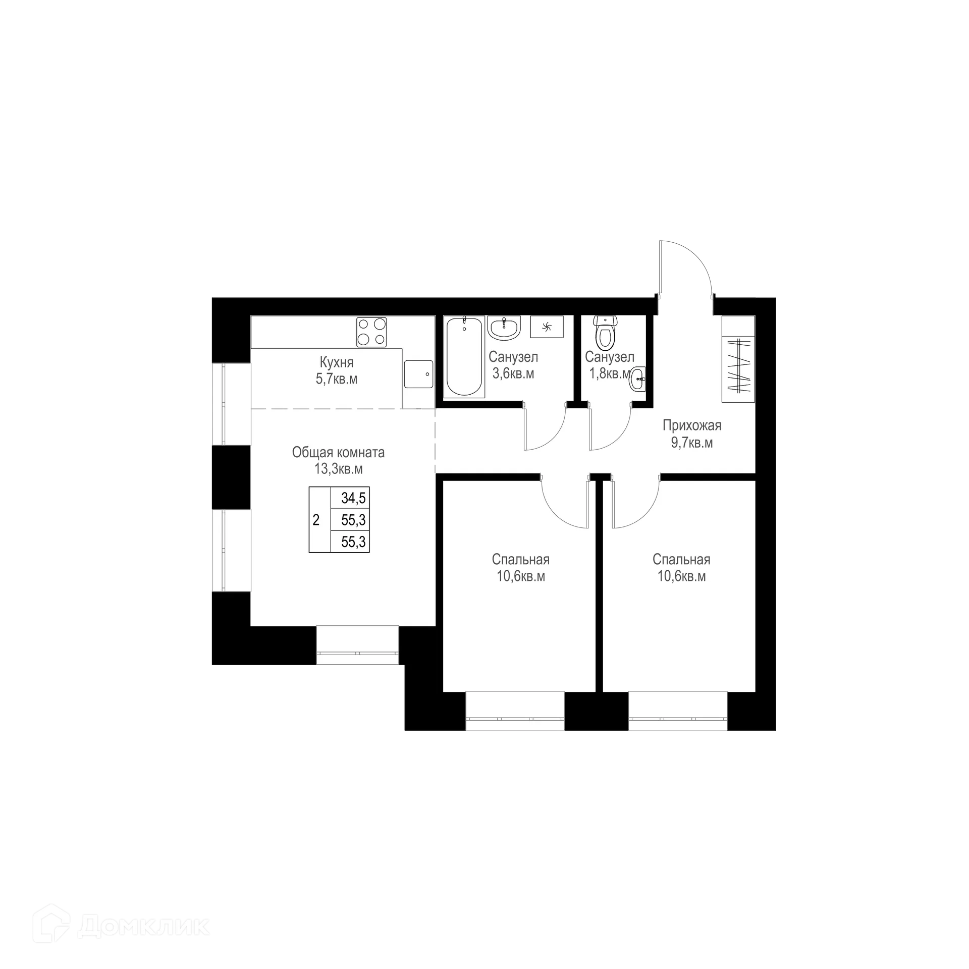 Планировка 2-комнатной квартиры 55.3 м² в ЖК "Ривьера life" (Ривьера Лайф), г. Альметьевск — фото 1