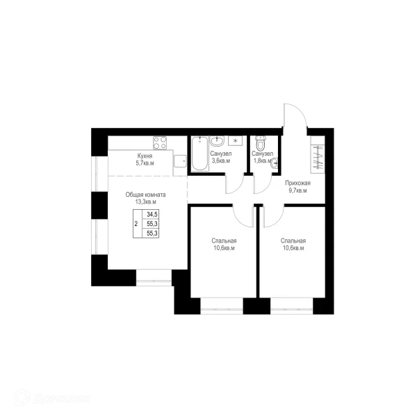 Планировка 2 комн. в ЖК "Ривьера life" (Ривьера Лайф)