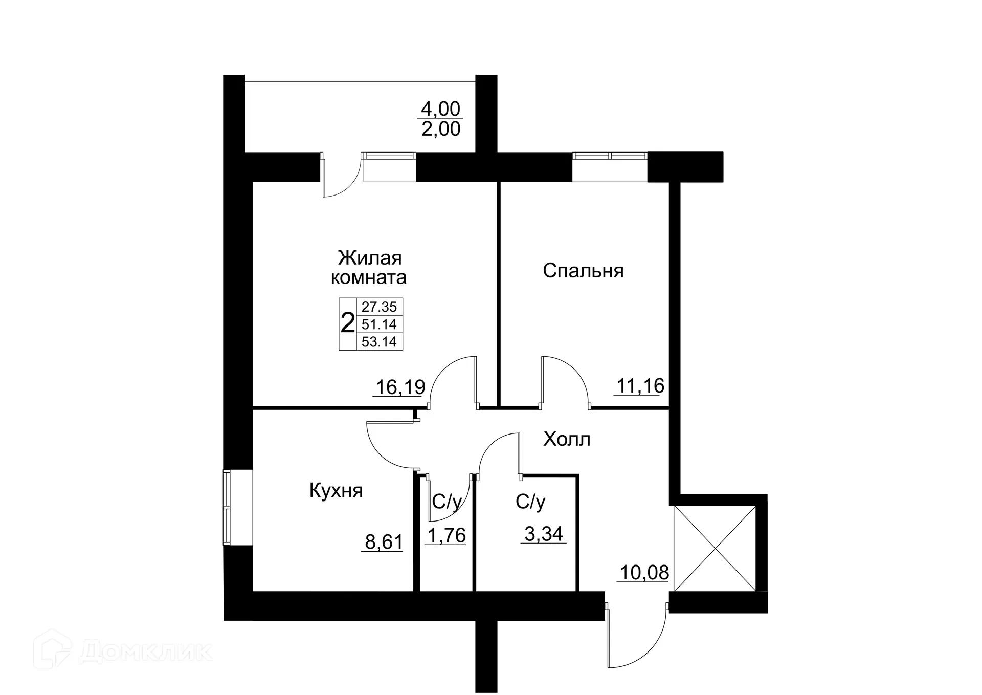 Планировка 2-комнатной квартиры 53.14 м² в ЖК по ул. Революционеров, г. Белебей — фото 1