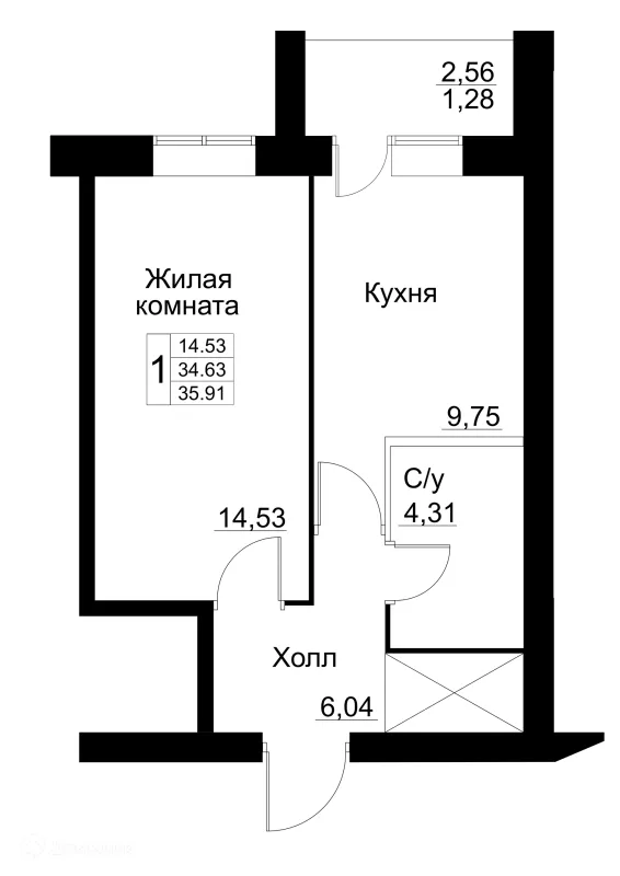 Планировка 1 комн. в ЖК по ул. Революционеров