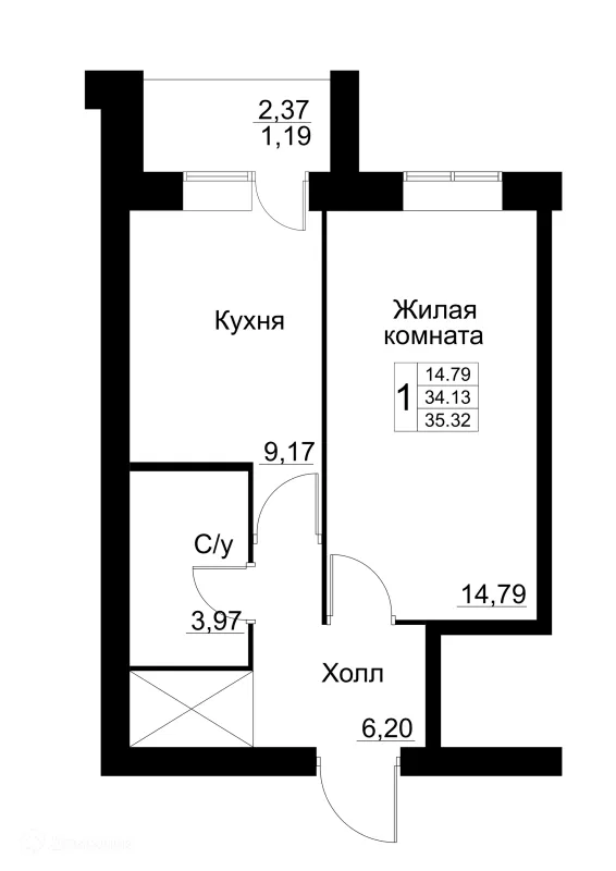 Планировка 1 комн. в ЖК по ул. Революционеров