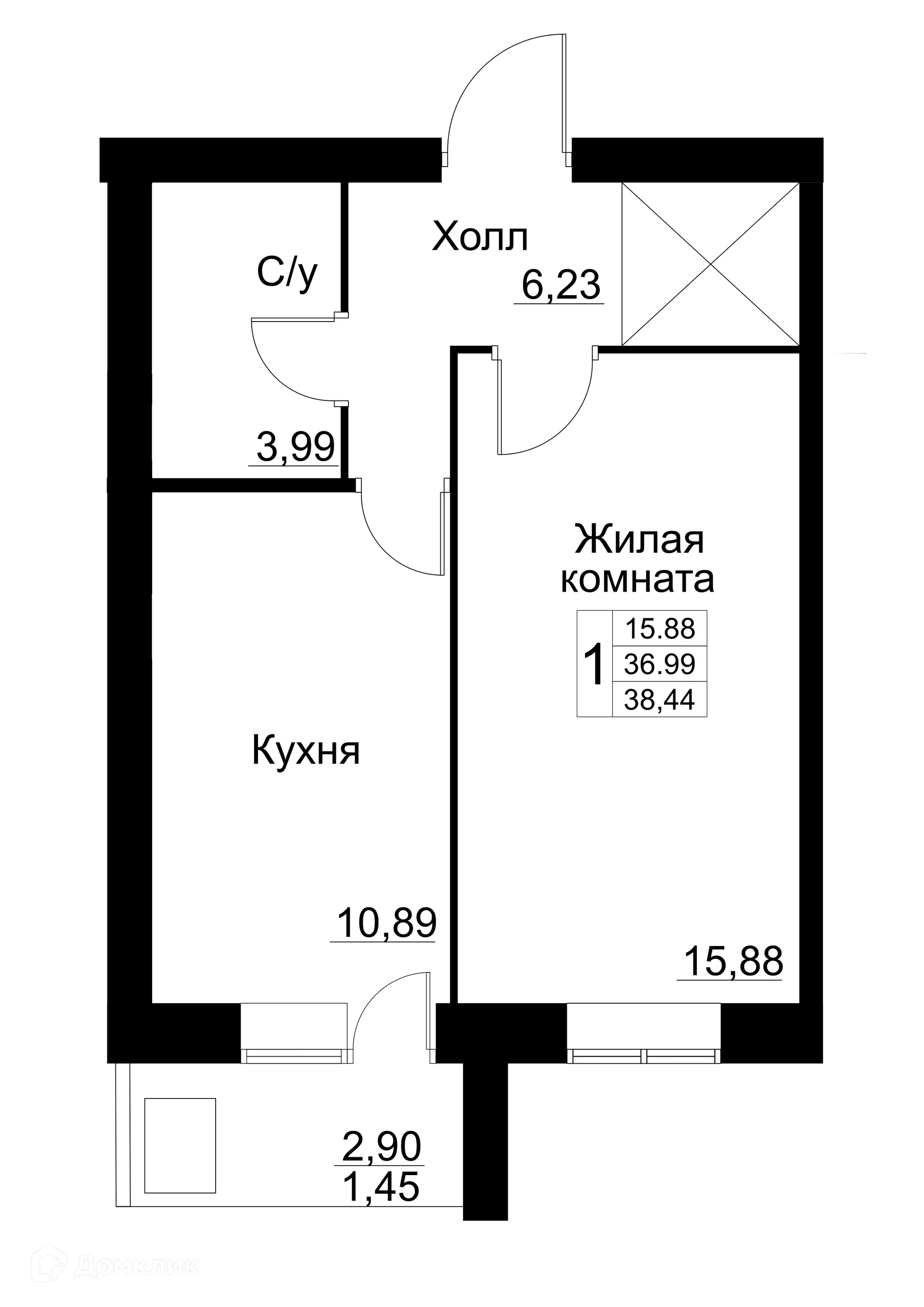 Планировка 1-комнатной квартиры 38.44 м² в ЖК по ул. Революционеров, г. Белебей — фото 1