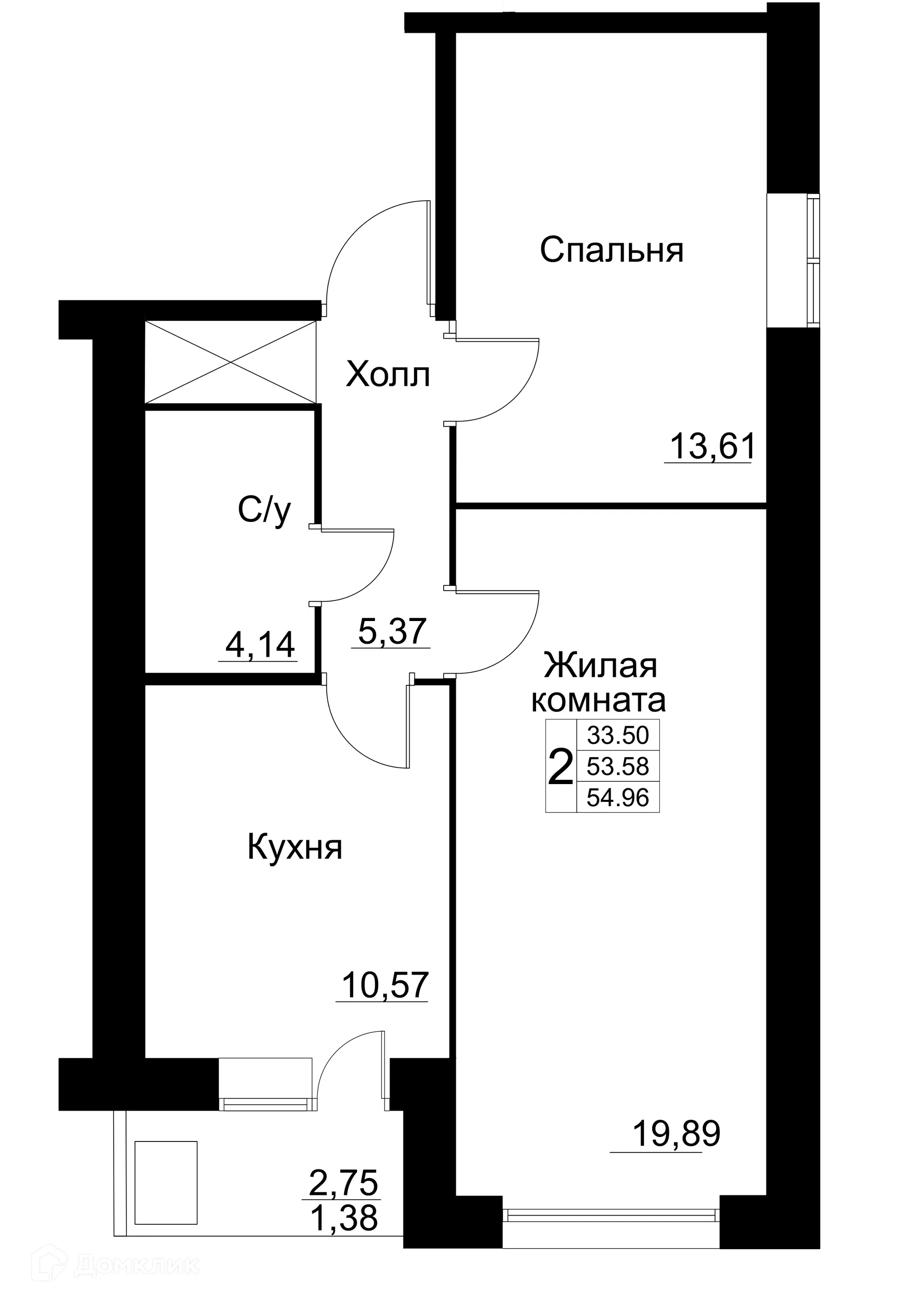 Планировка 2-комнатной квартиры 54.96 м² в ЖК по ул. Революционеров, г. Белебей — фото 1