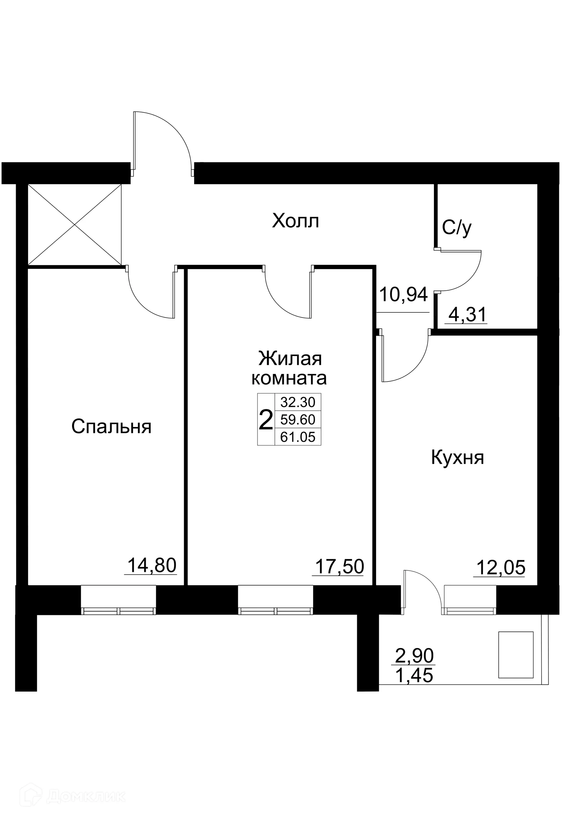 Планировка 2-комнатной квартиры 61.05 м² в ЖК по ул. Революционеров, г. Белебей — фото 1