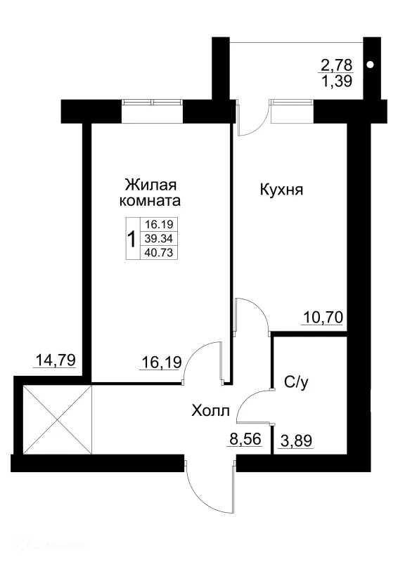 Планировка 1 комн. в ЖК по ул. Революционеров