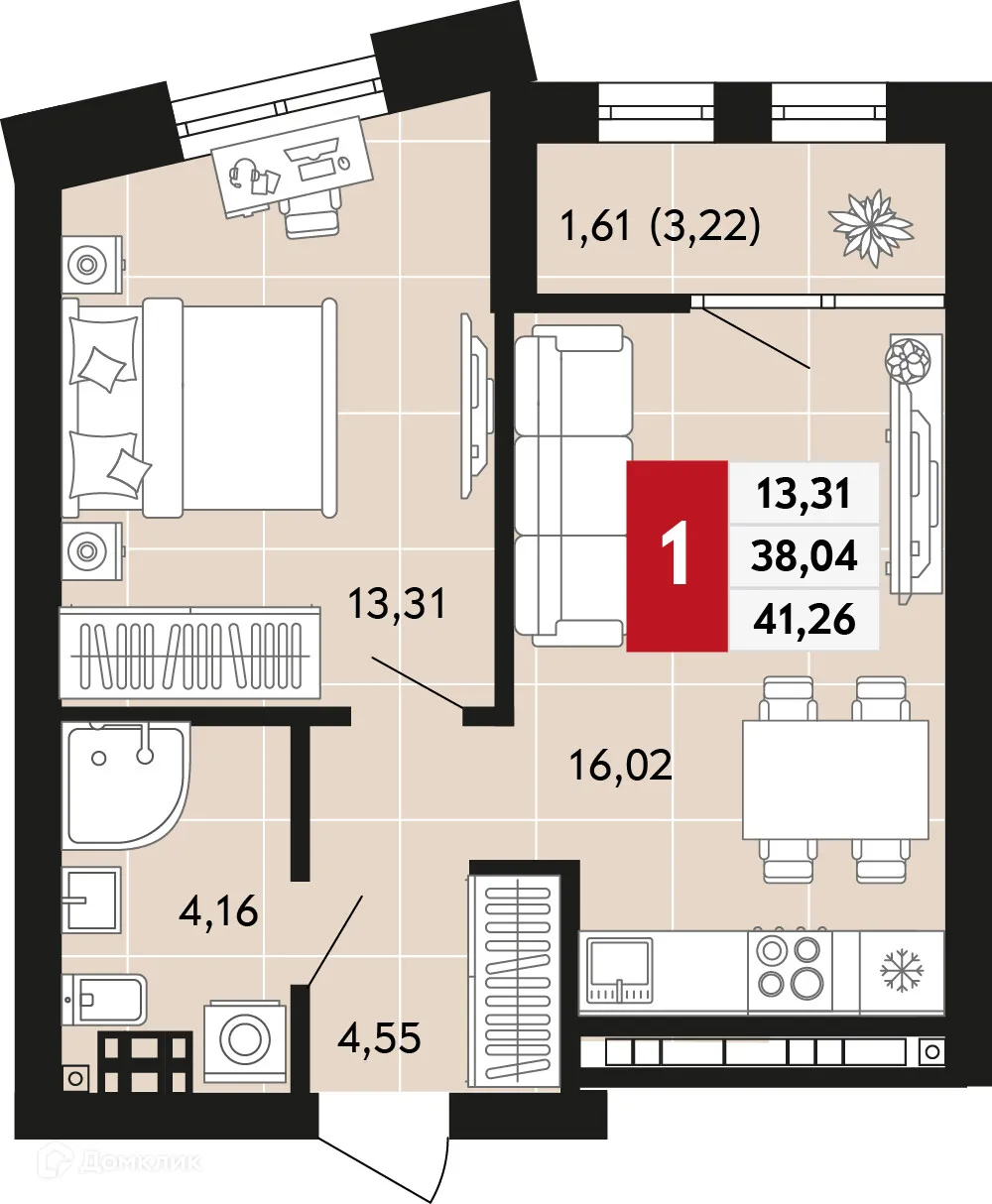 Планировка 1-комнатной квартиры 41.26 м² в ЖК Невский квартал, г. Верхняя Пышма — фото 1