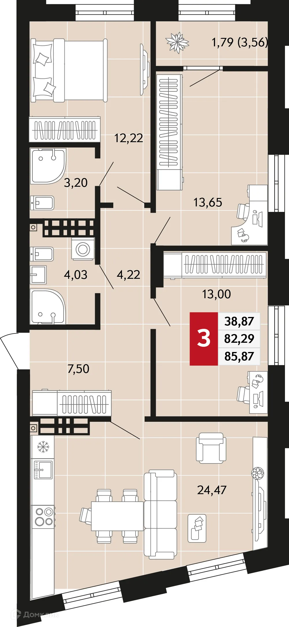 Планировка 3-комнатной квартиры 85.87 м² в ЖК Невский квартал, г. Верхняя Пышма — фото 1