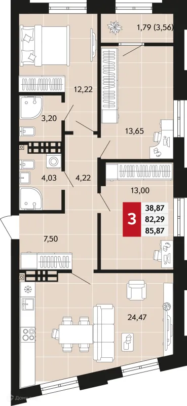Планировка 3 комн. в ЖК Невский квартал