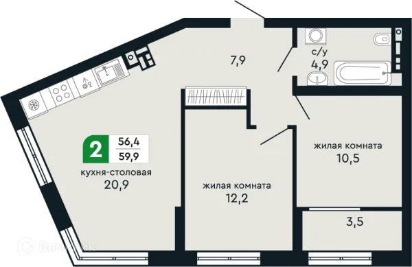 Планировка 2 комн. в ЖК Европейский квартал Green Park (Грин Парк)