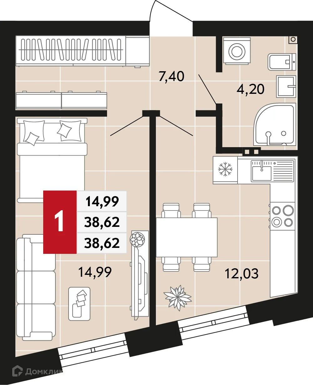 Планировка 1-комнатной квартиры 38.62 м² в ЖК Невский квартал, г. Верхняя Пышма — фото 1