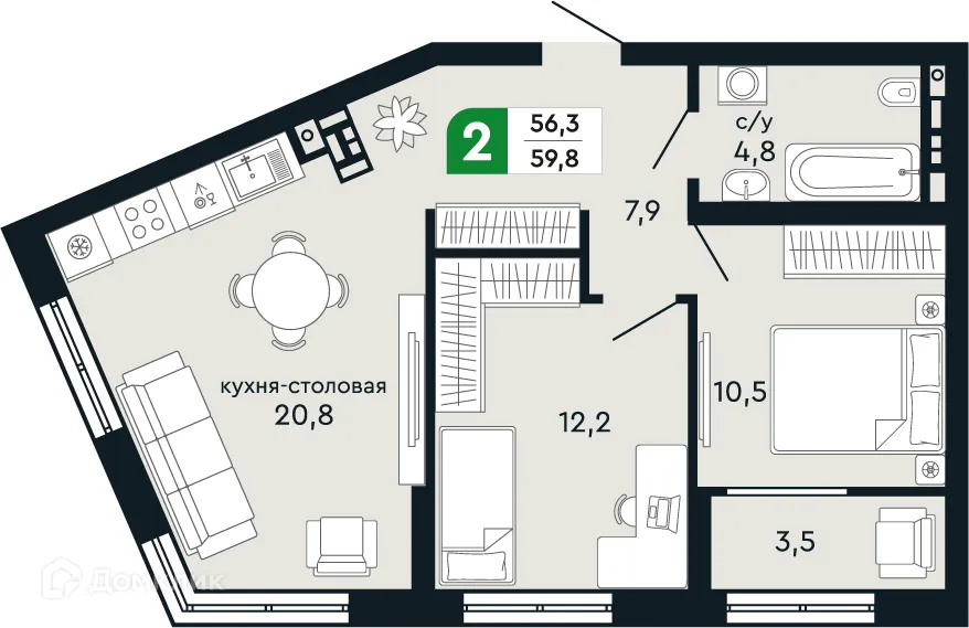Планировка 2-комнатной квартиры 59.8 м² в ЖК Европейский квартал Green Park (Грин Парк), г. Верхняя Пышма — фото 1