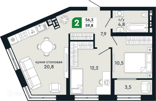 Планировка 2 комн. в ЖК Европейский квартал Green Park (Грин Парк)