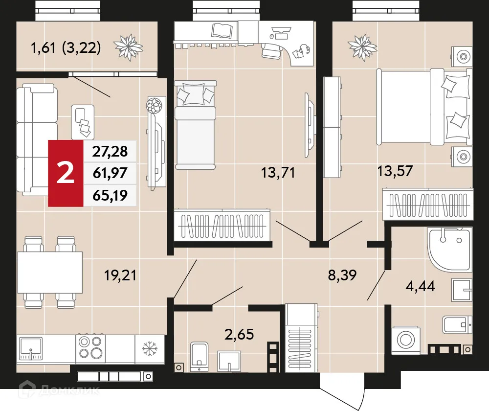Планировка 2-комнатной квартиры 65.19 м² в ЖК Невский квартал, г. Верхняя Пышма — фото 1