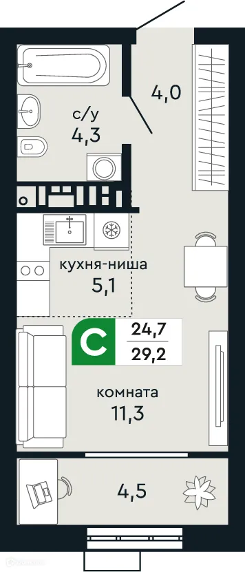 Планировка студии квартиры 29.2 м² в ЖК Европейский квартал Green Park (Грин Парк), г. Верхняя Пышма — фото 1