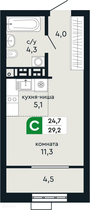 Планировка студии квартиры 29.2 м² в ЖК Европейский квартал Green Park (Грин Парк), г. Верхняя Пышма — фото 2