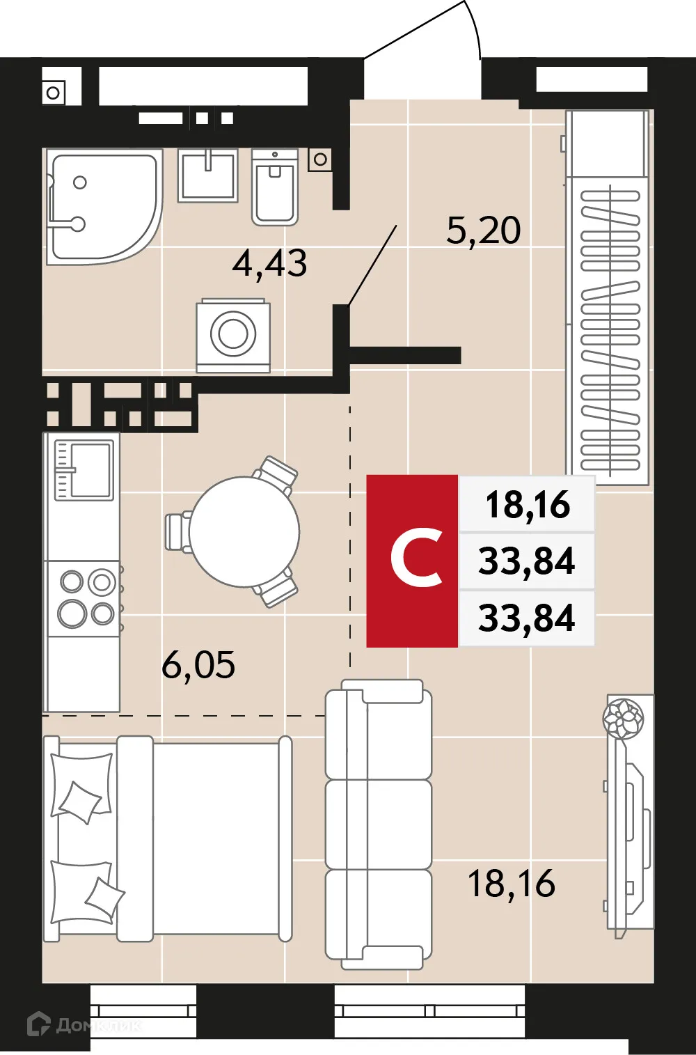 Планировка 1-комнатной квартиры 33.84 м² в ЖК Невский квартал, г. Верхняя Пышма — фото 1