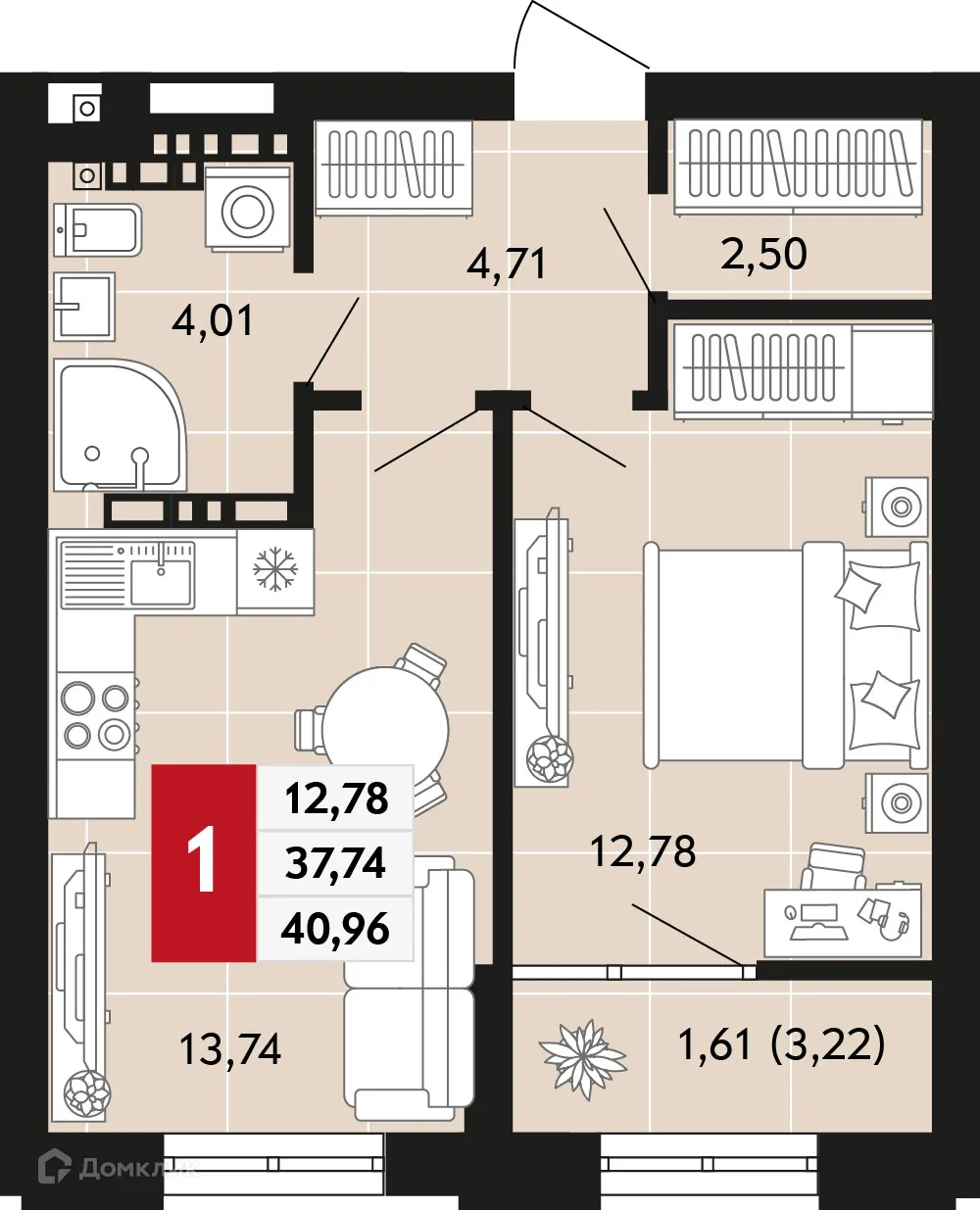 Планировка 1-комнатной квартиры 40.96 м² в ЖК Невский квартал, г. Верхняя Пышма — фото 1