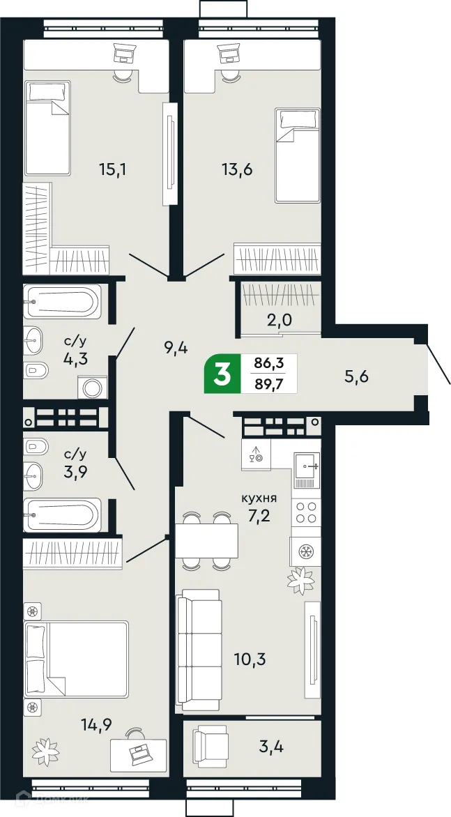Планировка 3-комнатной квартиры 89.7 м² в ЖК Европейский квартал Green Park (Грин Парк), г. Верхняя Пышма — фото 1