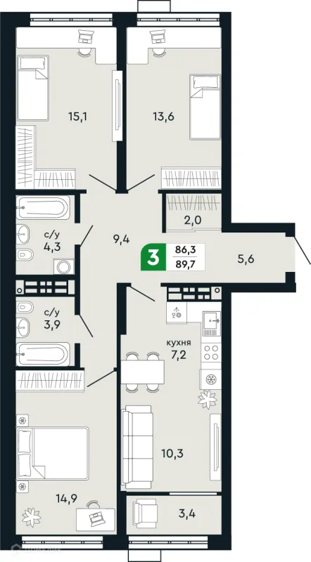 Планировка 3 комн. в ЖК Европейский квартал Green Park (Грин Парк)