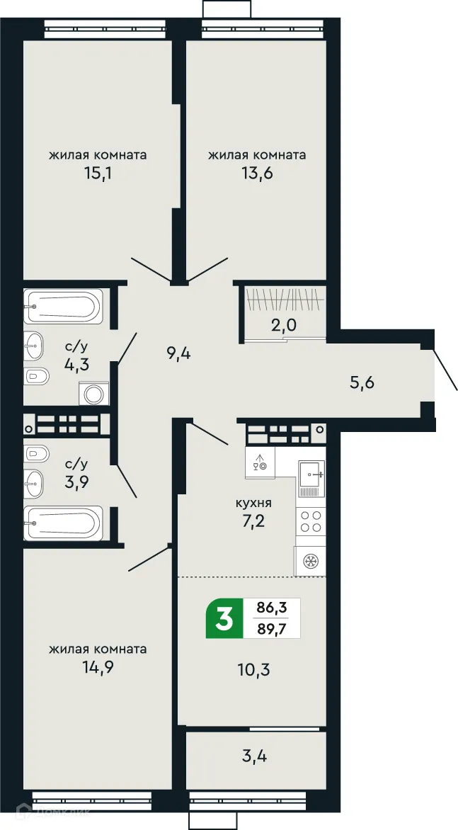 Планировка 3-комнатной квартиры 89.7 м² в ЖК Европейский квартал Green Park (Грин Парк), г. Верхняя Пышма — фото 2
