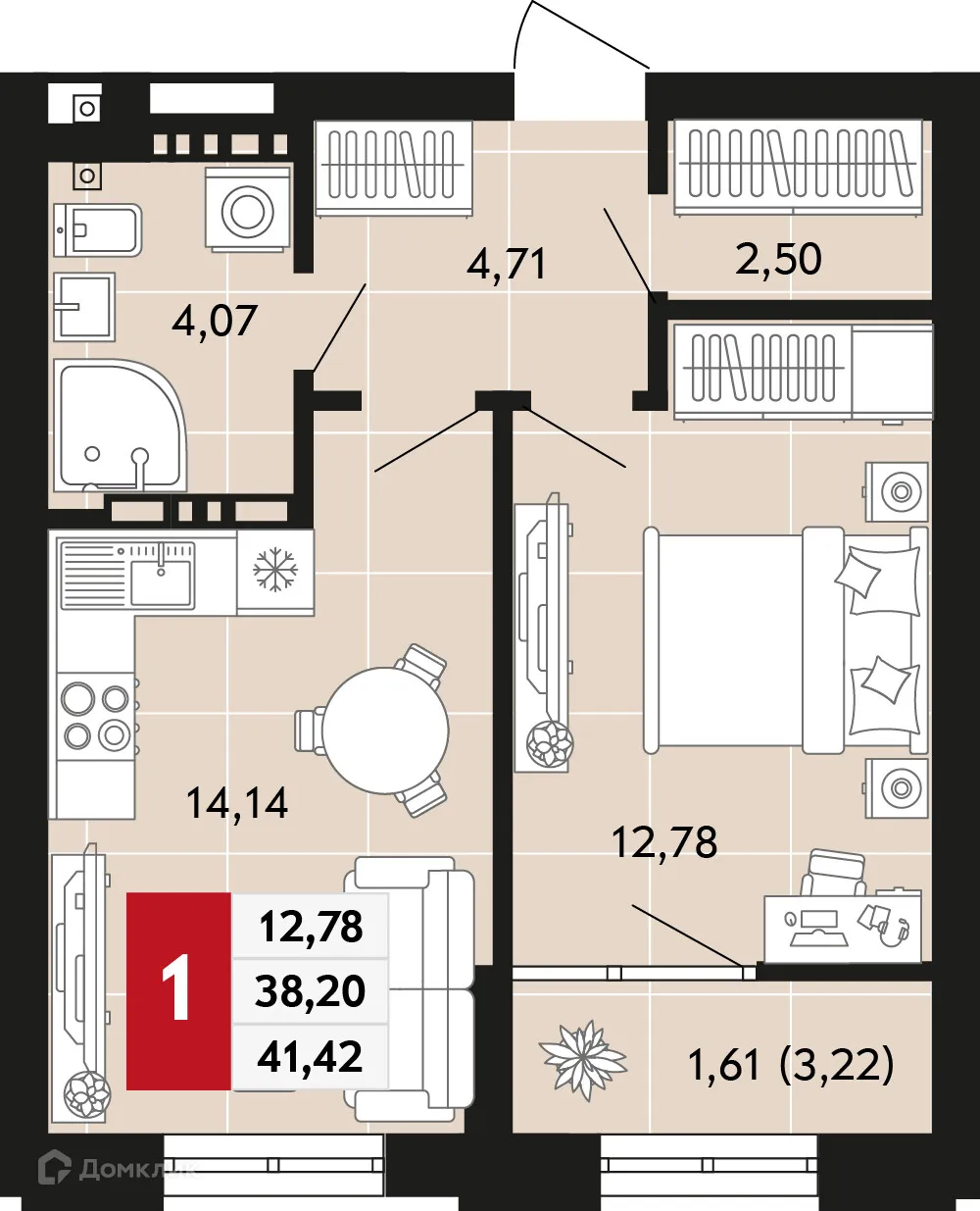 Планировка 1-комнатной квартиры 41.42 м² в ЖК Невский квартал, г. Верхняя Пышма — фото 1