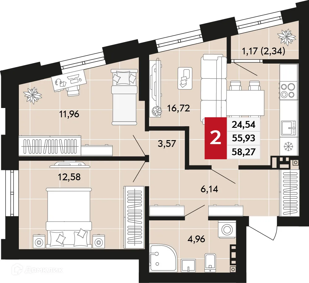 Планировка 2-комнатной квартиры 58.27 м² в ЖК Невский квартал, г. Верхняя Пышма — фото 1