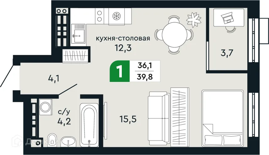 Планировка 1-комнатной квартиры 39.8 м² в ЖК Европейский квартал Green Park (Грин Парк), г. Верхняя Пышма — фото 1