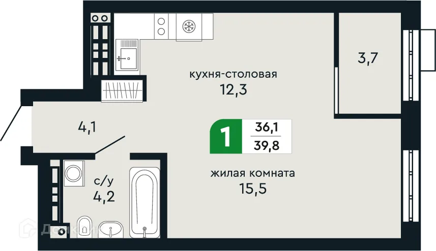 Планировка 1-комнатной квартиры 39.8 м² в ЖК Европейский квартал Green Park (Грин Парк), г. Верхняя Пышма — фото 2