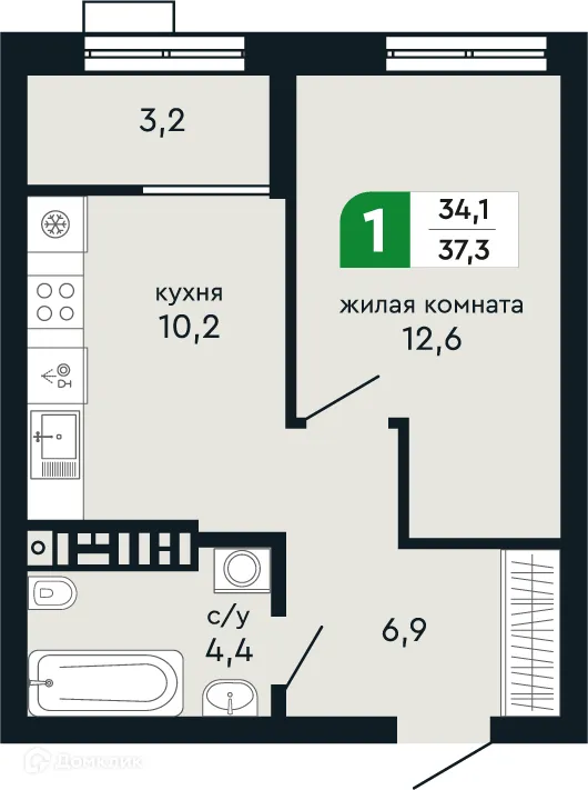 Планировка 1-комнатной квартиры 37.3 м² в ЖК Европейский квартал Green Park (Грин Парк), г. Верхняя Пышма — фото 2