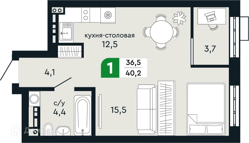Планировка 1-комнатной квартиры 40.2 м² в ЖК Европейский квартал Green Park (Грин Парк), г. Верхняя Пышма — фото 1