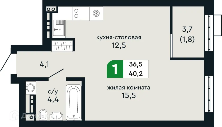 Планировка 1-комнатной квартиры 40.2 м² в ЖК Европейский квартал Green Park (Грин Парк), г. Верхняя Пышма — фото 2