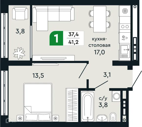 Планировка 1 комн. в ЖК Европейский квартал Green Park (Грин Парк)