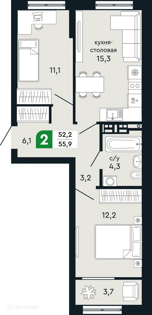 Планировка 2-комнатной квартиры 55.9 м² в ЖК Европейский квартал Green Park (Грин Парк), г. Верхняя Пышма — фото 1