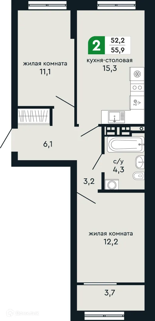 Планировка 2-комнатной квартиры 55.9 м² в ЖК Европейский квартал Green Park (Грин Парк), г. Верхняя Пышма — фото 2