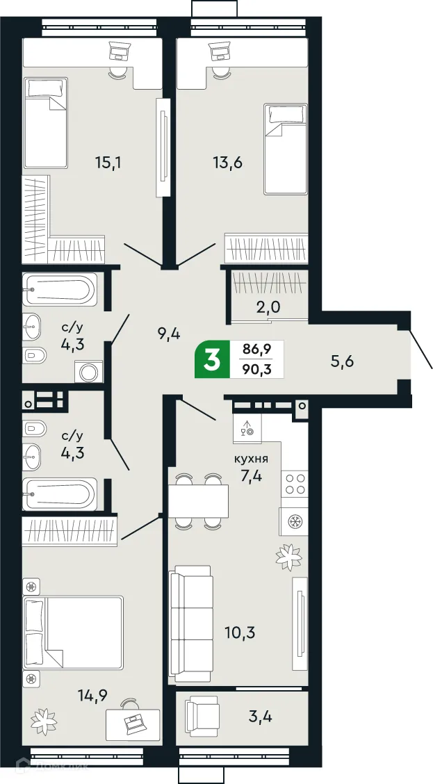 Планировка 3-комнатной квартиры 90.3 м² в ЖК Европейский квартал Green Park (Грин Парк), г. Верхняя Пышма — фото 1