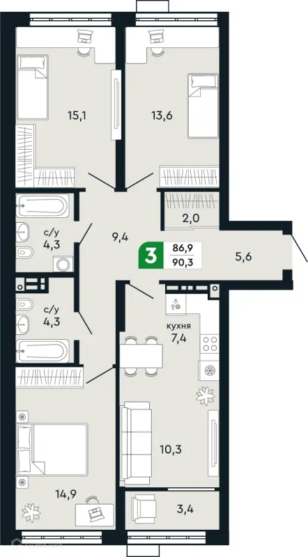 Планировка 3 комн. в ЖК Европейский квартал Green Park (Грин Парк)