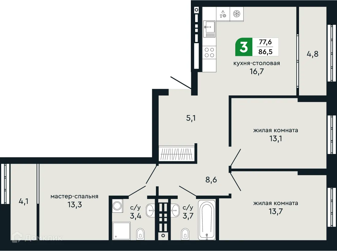 Планировка 3-комнатной квартиры 86.5 м² в ЖК Европейский квартал Green Park (Грин Парк), г. Верхняя Пышма — фото 2