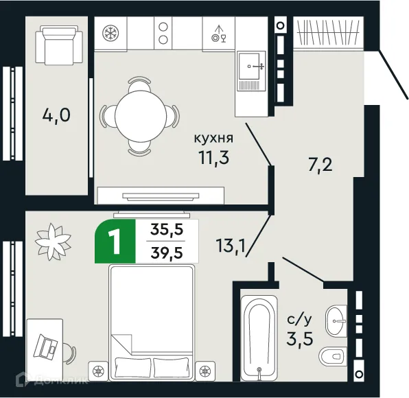 Планировка 1-комнатной квартиры 39.5 м² в ЖК Европейский квартал Green Park (Грин Парк), г. Верхняя Пышма — фото 1