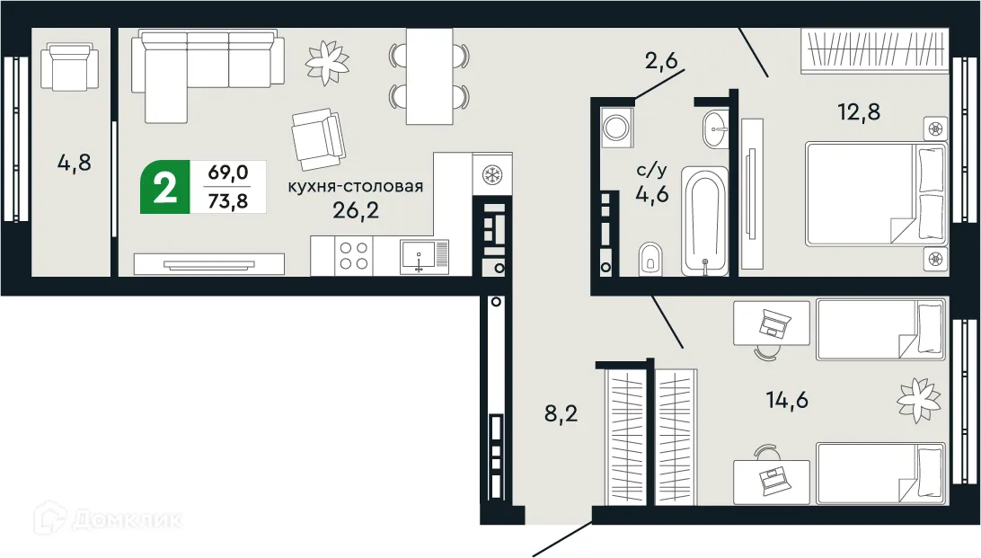 Планировка 2-комнатной квартиры 73.8 м² в ЖК Европейский квартал Green Park (Грин Парк), г. Верхняя Пышма — фото 1
