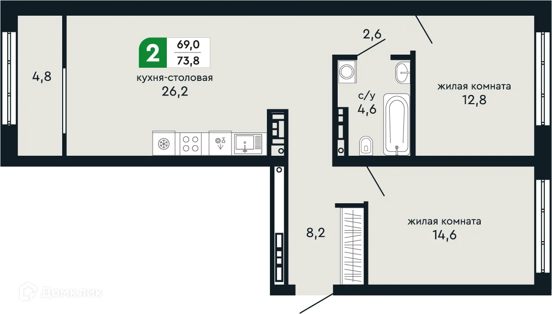 Планировка 2-комнатной квартиры 73.8 м² в ЖК Европейский квартал Green Park (Грин Парк), г. Верхняя Пышма — фото 2
